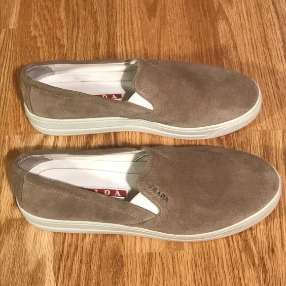 Prada Tan Suede Leather Slip on Sneaker Loafers Size 7 - Picture 4 of 12